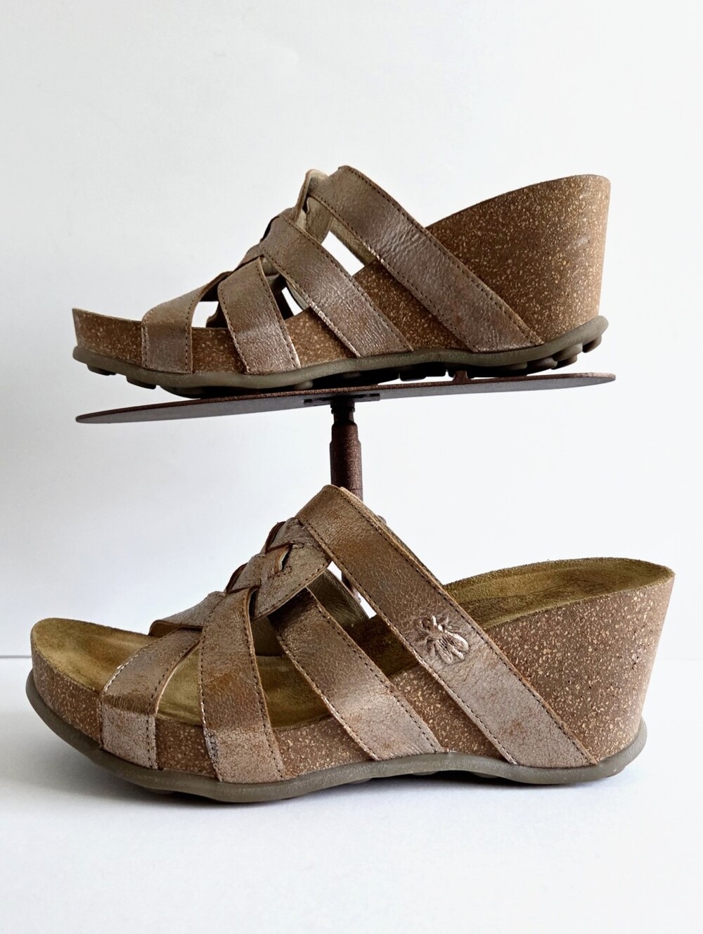 Fly London Gily Wedge Sandals Size 9.5, Metallic Neutral Gold & Cork